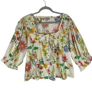 Laura Ashley Womens Blouse XL Cream Floral Square Neck 3/4 Sleeve Linen Blend